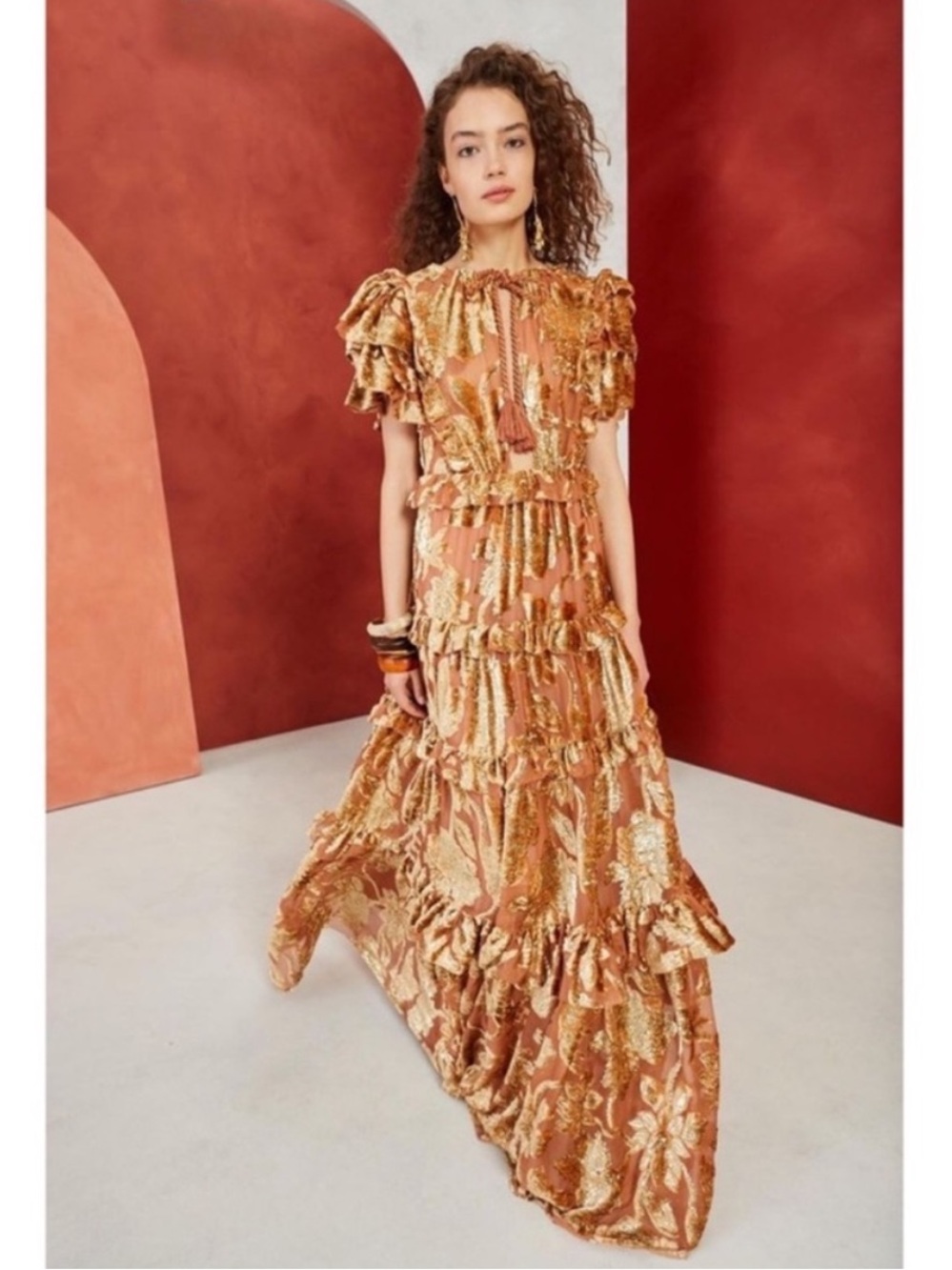 Ulla Johnson Antonia Gown Devore Metallic Velvet Tiered Dress Rose Gold Size 2